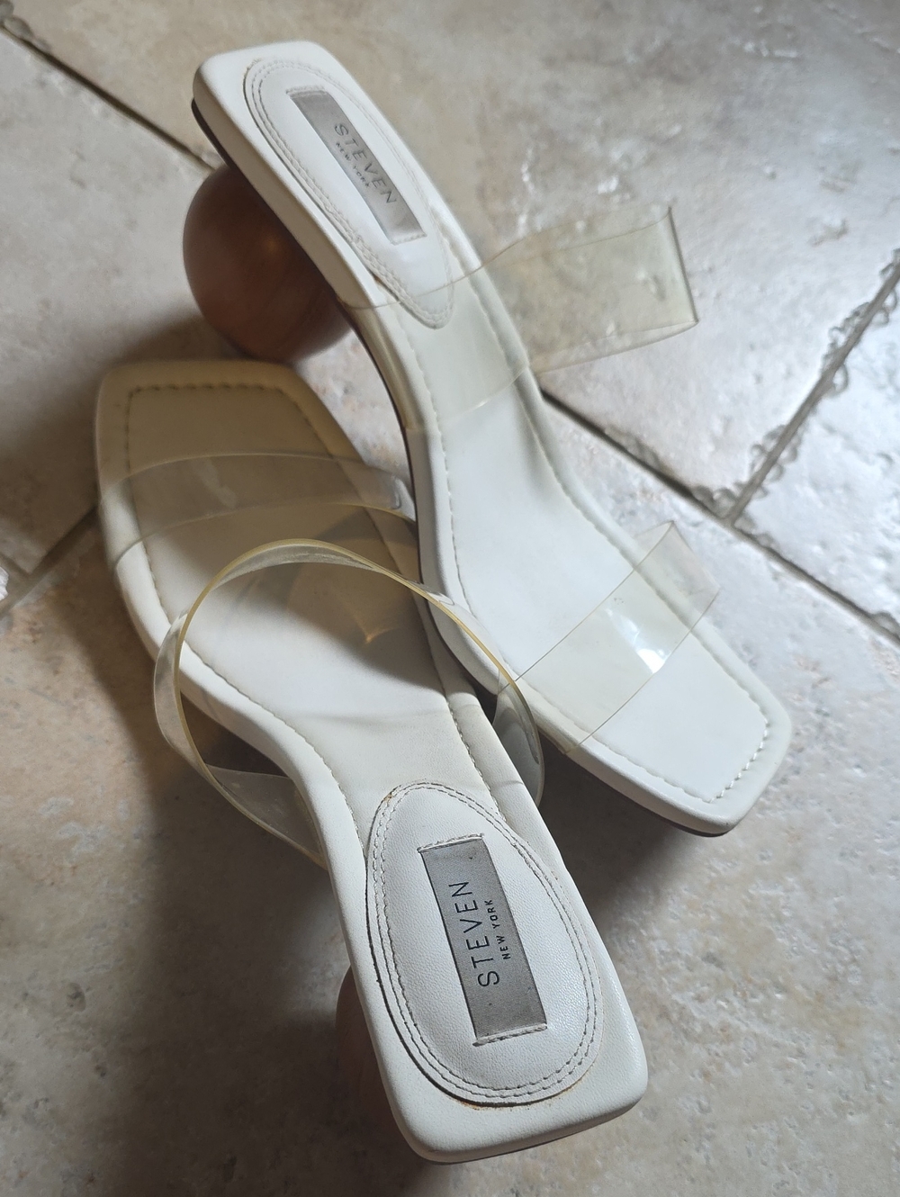 STEVE MADDEN Inspired White Square-Toe Clear-Strap Block Heels